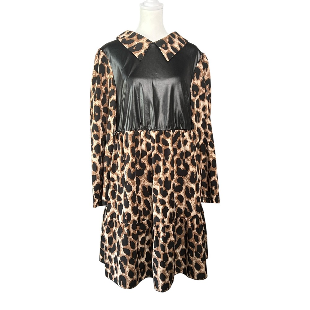 Leopard Print Long Sleeve‎ Dress Faux Leather Top Tiered  Women's 3XL